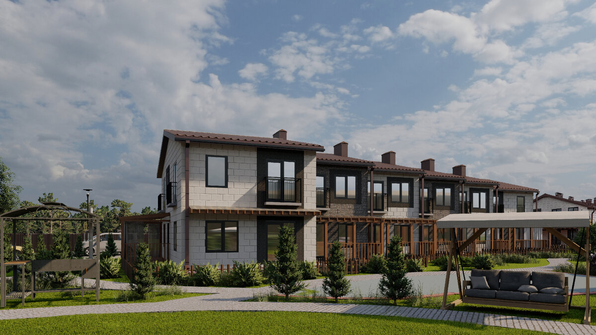 Визуализация таун-хаусов второй очереди строительства (строительство осуществляется в данный момент) Квартала Высокой Культуры "Ясный". Листайте вбок
