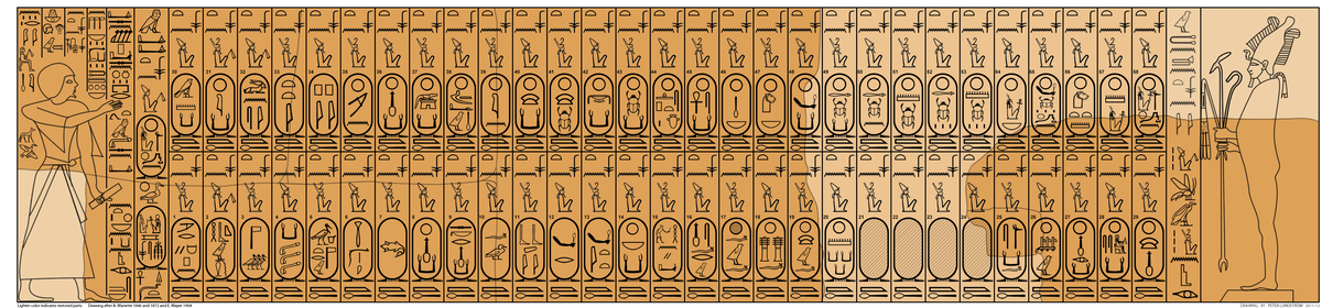 Лунный календарь в 29,5 дней или 59 полусуток по 12 часов, каждый символ-картуш с именем это временной отрезок в 12 часов. Найден в египетской гробнице известен как Саккарский список.
