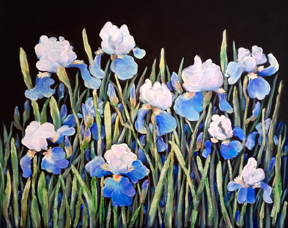 Большая интерьерная картина "Голубые ирисы на чёрном" Художник ...