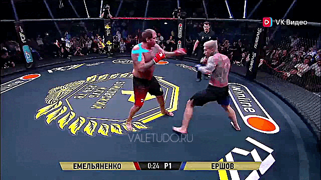 Пример "блестящей ударной техники": Ершов намеренно бьет в грудь, чтобы не уронить, АЕ успевает принять 3-4 удара, прежде чем идет его супермедленная размахайка 