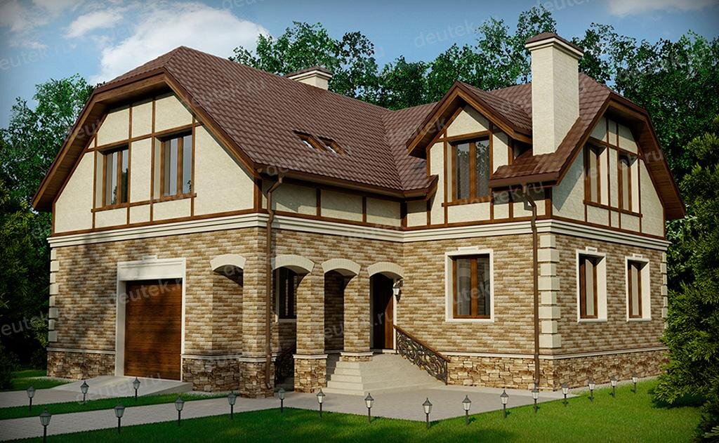 Проект углового дома 250 м2 из керамоблока с мансардой, гаражом и кабинетом -  DT0344