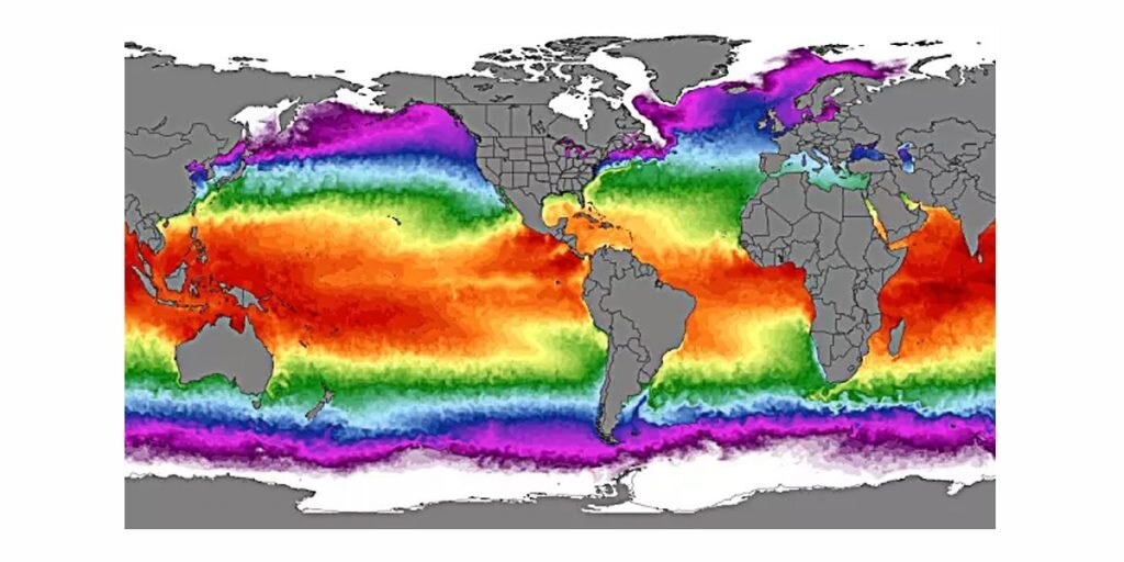 Температура на поверхности океанов. SST Sea surface temperature. Карта температуры океана. Спутниковые наблюдения температуры поверхности океана. Эль-Ниньо и ла-Нинья.