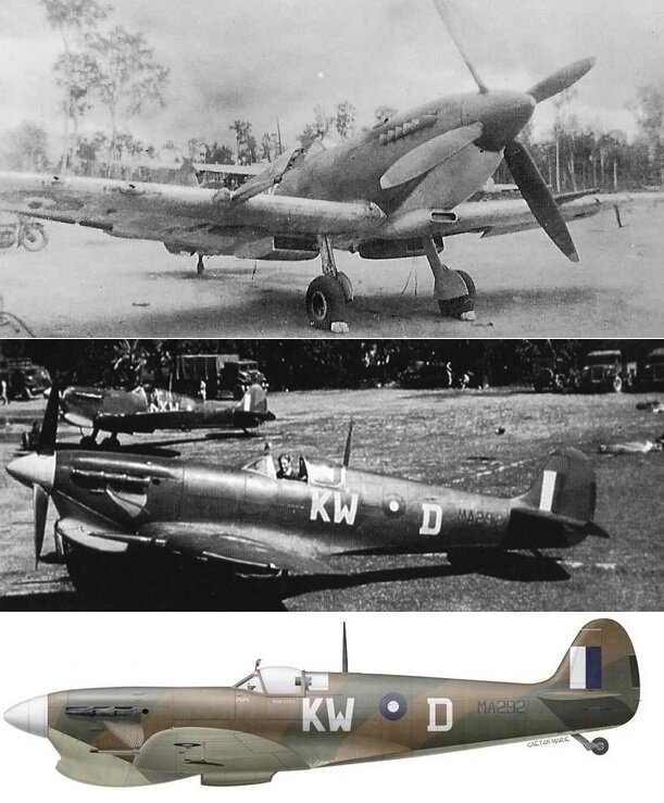 Верхнее фото: "Спитфайр" Mk VIII неизвестного подразделения RAAF (Австралия). Два нижних изображения: "Спитфайр" Mk VC. 615-ая эскадрилья RAF. Бирма. Пилот:  прапорщик Лоуренс Веггери (Fg.Off  Lawrence Weggery), одержавший первую победу (правда групповую) в  Бирме на "Спитфайре"(Ki-46). Почувствуйте разницу в размере противопылевых фильтров (xрень под капотом). 