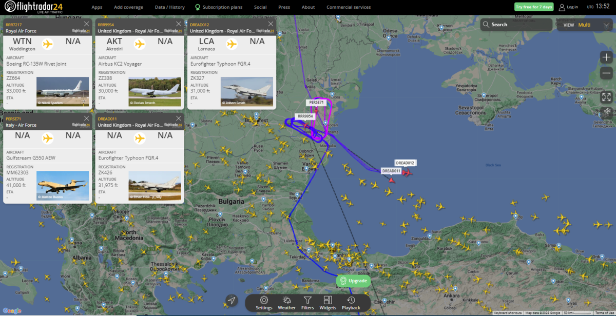 17 апреля 2023, 17:52 МСК. Группировка авиации НАТО в районе проведения дальней радио-электронной и радиолокационной разведки на побережье Румынии и в акватории Чёрного моря.