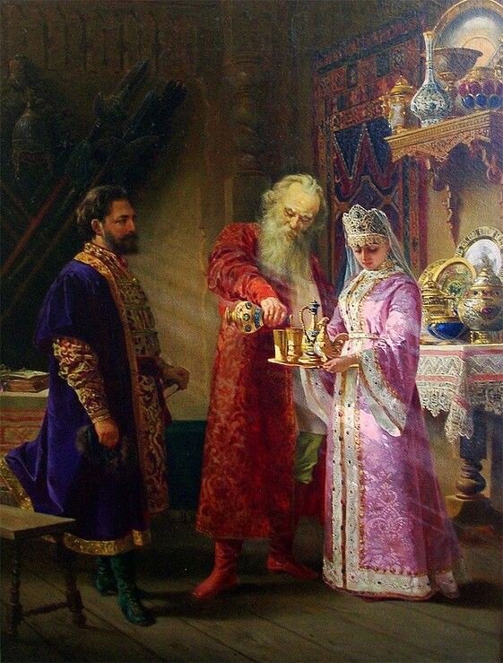 Нас интересует наряд девушки, особенно головной убор