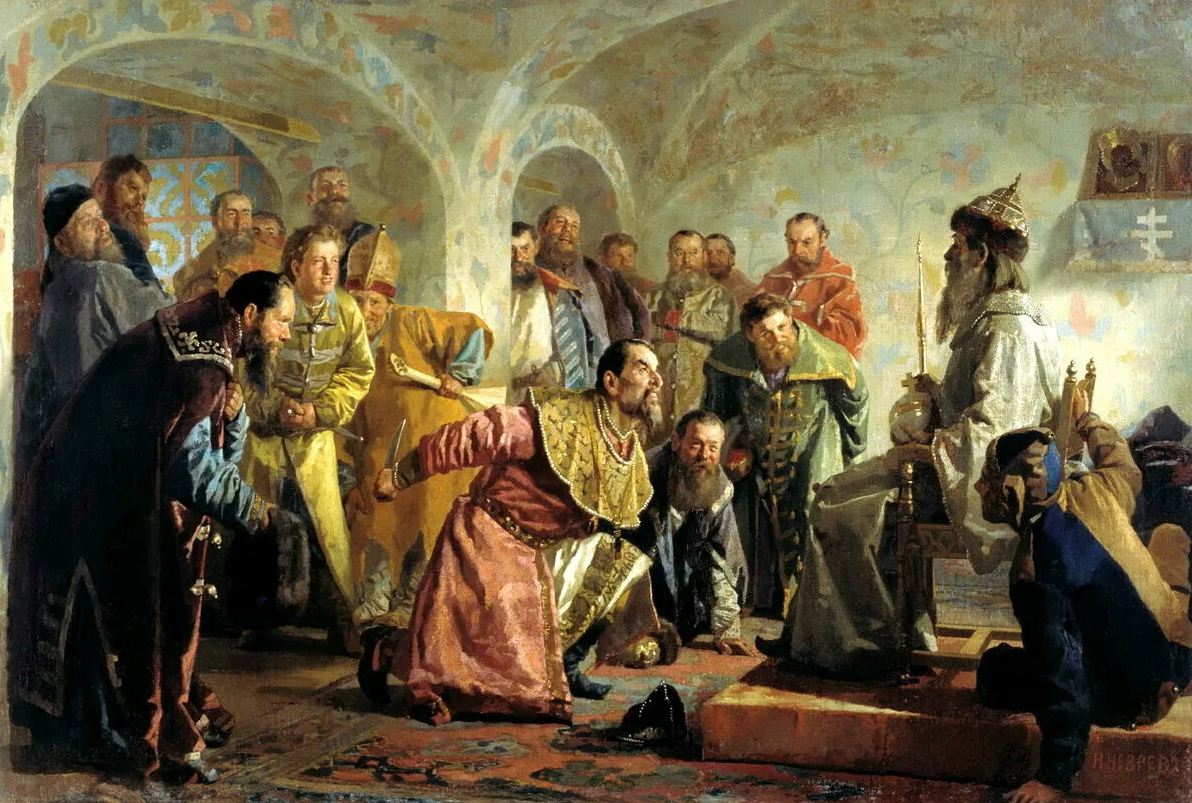 Николай Неврев «Опричники» / Иван Грозный на коленях готовится зарезать боярина Ивана Петровича Федорова-Челяднина, которого Грозный, обвинив в желании захватить власть, посадил на трон в шапке Мономаха