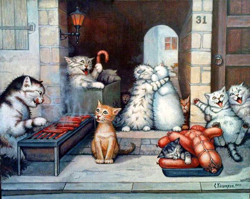 Сегодняшняя публикация снова посвящена котам в живописи. И на сей раз своих котов представляет нам московский художник Степан Каширин, который пишет свои картины в направлении фантастического реализма.-8
