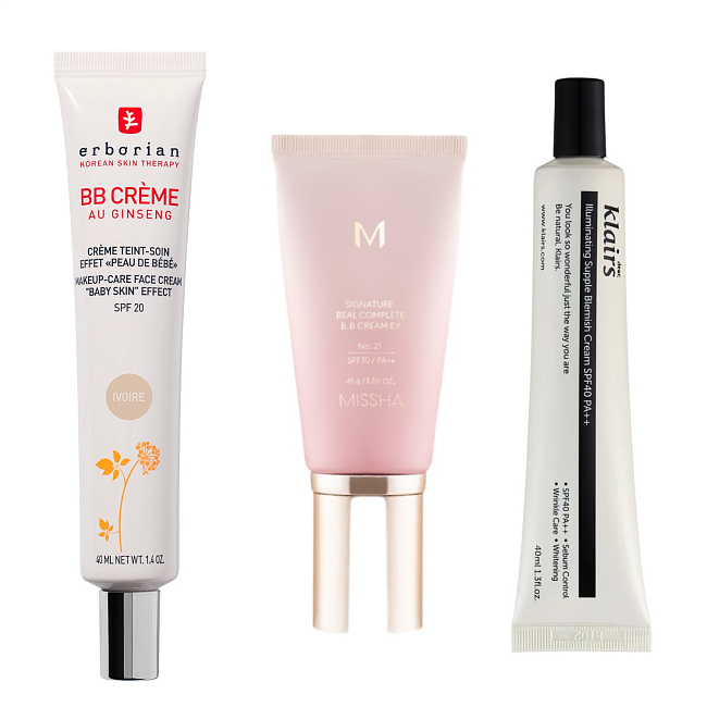 BB крем для лица SPF20 Ivoire, Erborian; Гипоаллергенный BB-крем Illuminating Supple Blemish Cream SPF40 PA++; BB-крем для лица с шелковистым покрытием Signature Real Complete, Missha