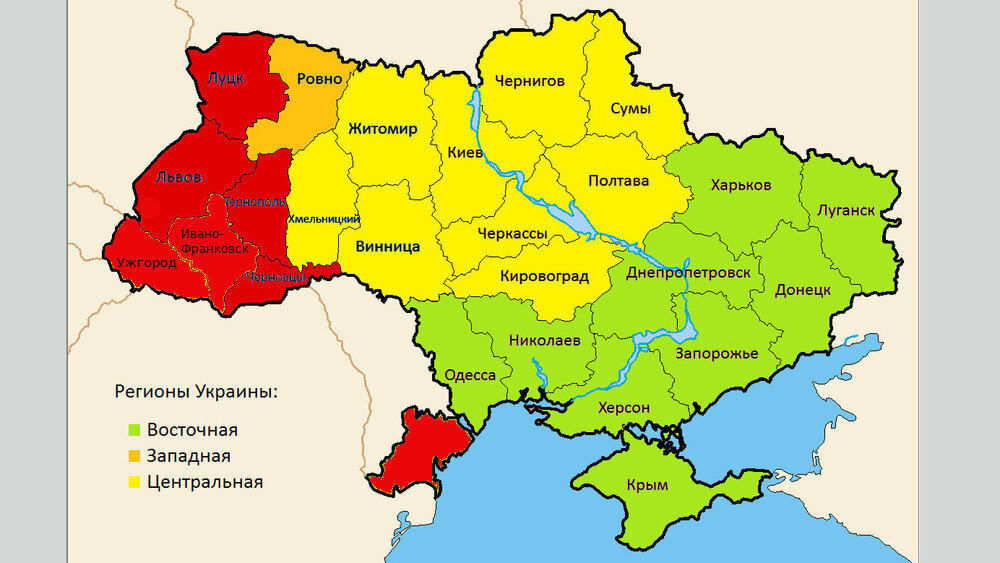 Останки Украины - желтого цвета. Зеленое - новые территории России, красным выделены спорные территории. за них повоюют Словакия, Венгрия и Румыния (Молдова к тому времени станет автономией в составе Румынии).