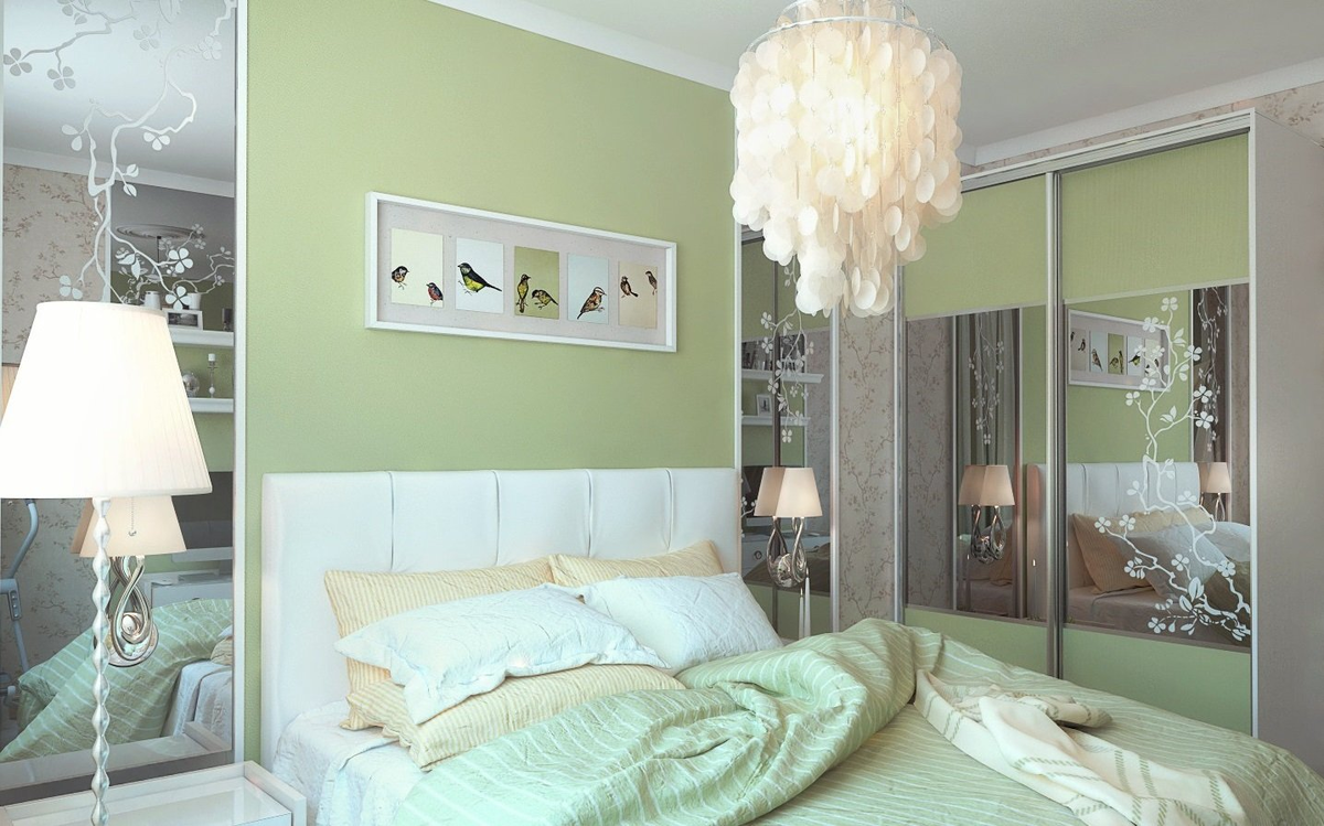 Спальня в пастельных зеленых тонах