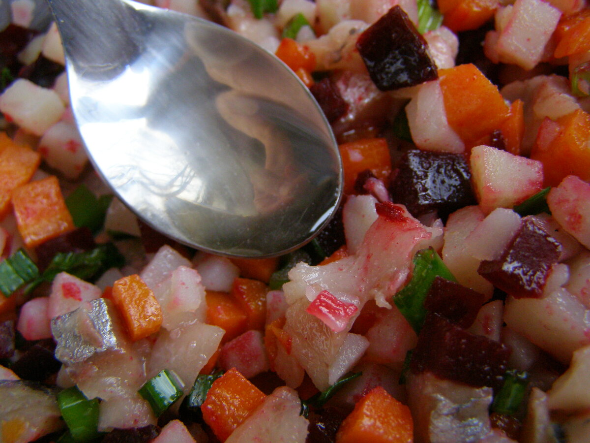 And this salad is with herring - fatty and lightly salted.