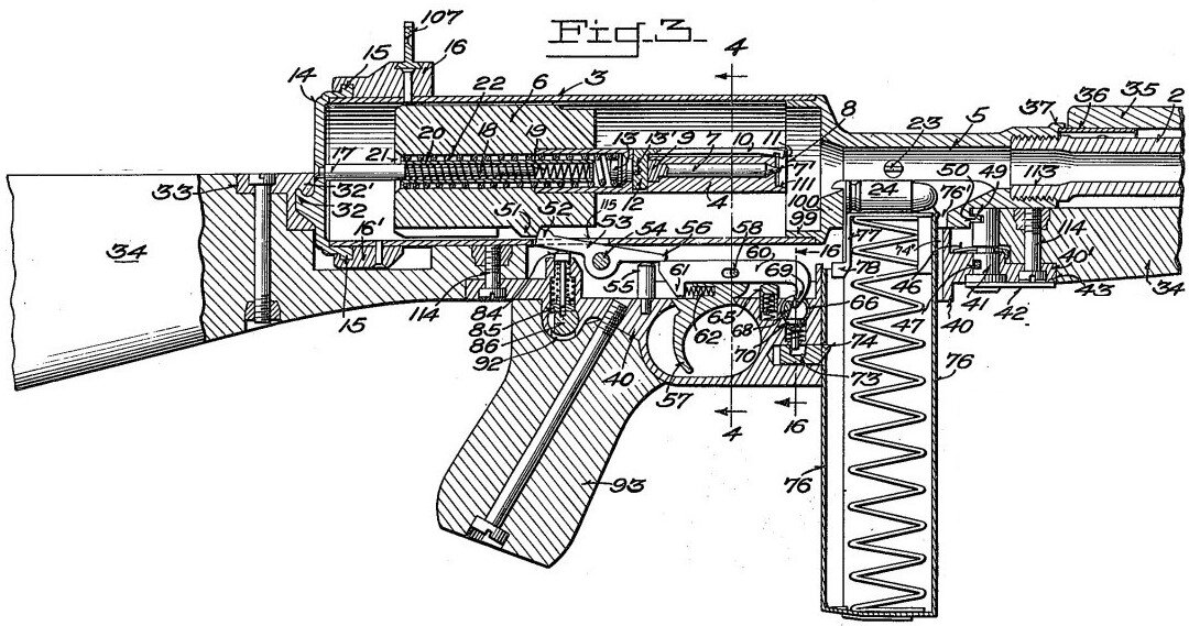 Схема устройства пистолета-пулемета Хайда М2. Рисунок из патента.