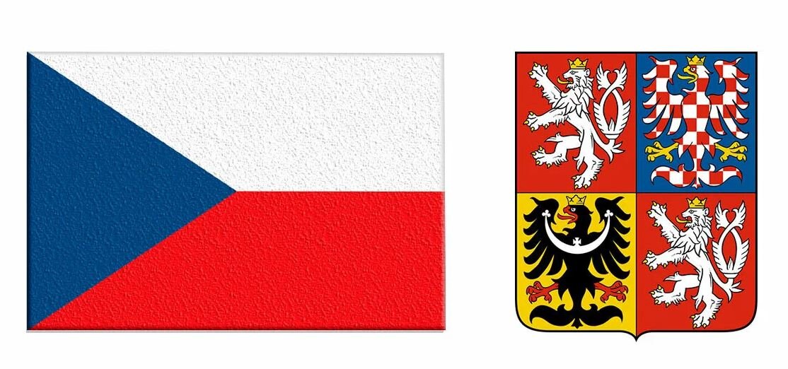 Флаг Чешской Республики. Всё те же панславянские цвета, что и у России, Словении, Хорватии, Сербии и Словакии. А вот герб у страны новый, Совмещает в себе гербы Богемии (лев с раздвоенным хвостом), Моравии (орёл в красно-белую клетку) и Силезии (чёрный орёл в золотом поле). 