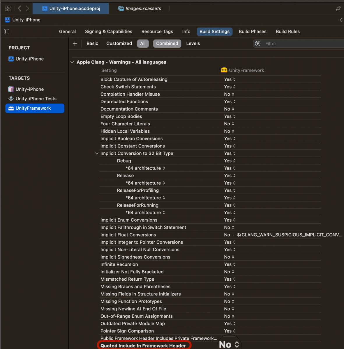 UnityFramework > Build Settings. Листаем список до Apple Clang - Warnings - All languages