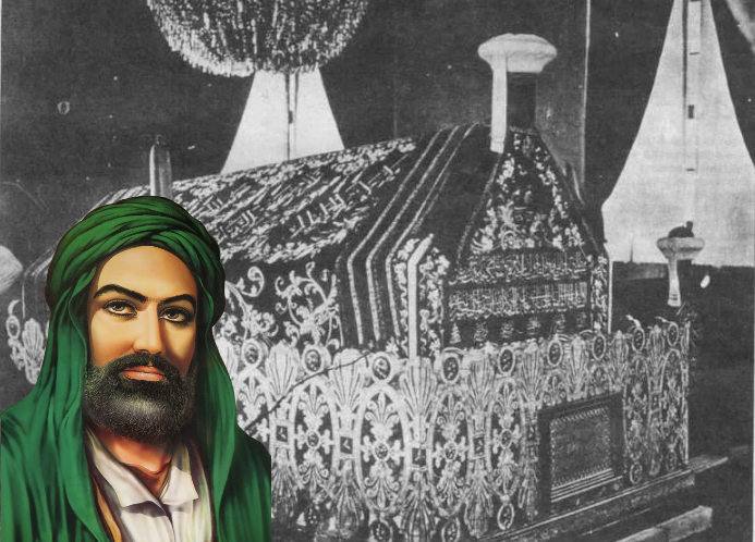 На фоне фотография могилы пророка Мухаммеда (мир ему) сделанная в 19 веке. 