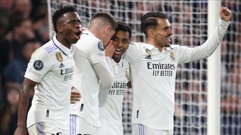     Футболисты «Реала» Винисиус Жуниор, Федерико Вальверде, Родриго и Дани Себальос Gettyimages.ru Nigel French/Allstar / Contributor