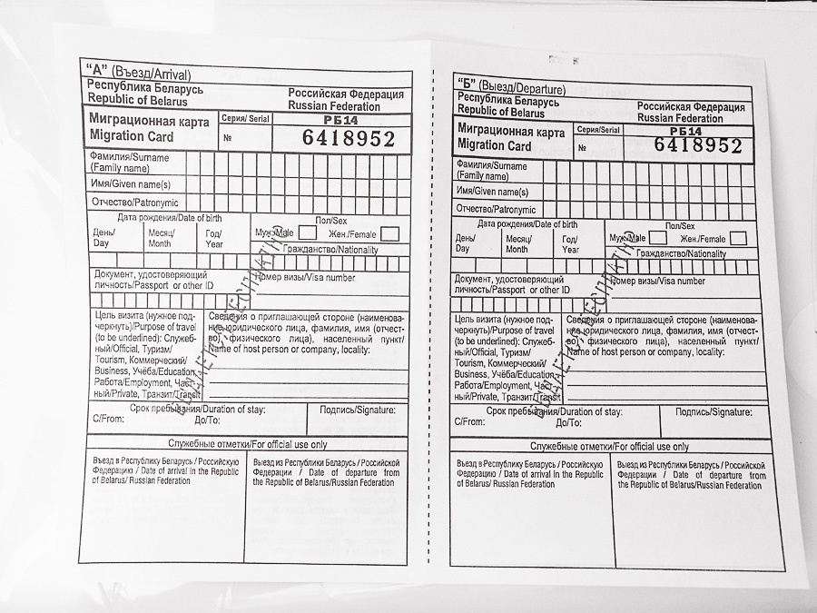 Миграционная карта образца РФ