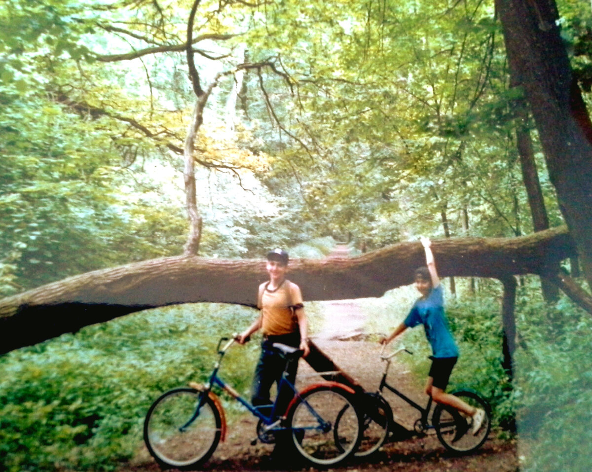Мои дети (сын Василий и дочь София) на велосипедной прогулке. Московский лесопарк