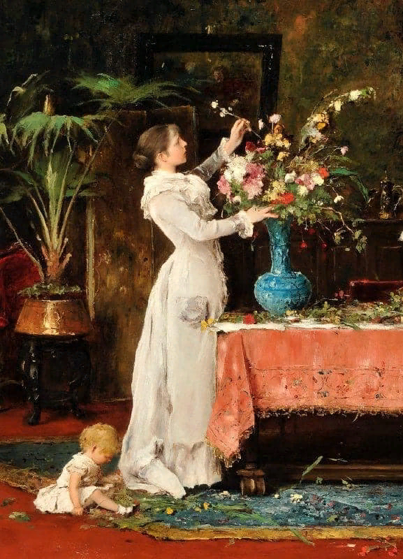 “День рождения папы, составление букета”,  Михай Либ Мункачи, венгерский живописец, 