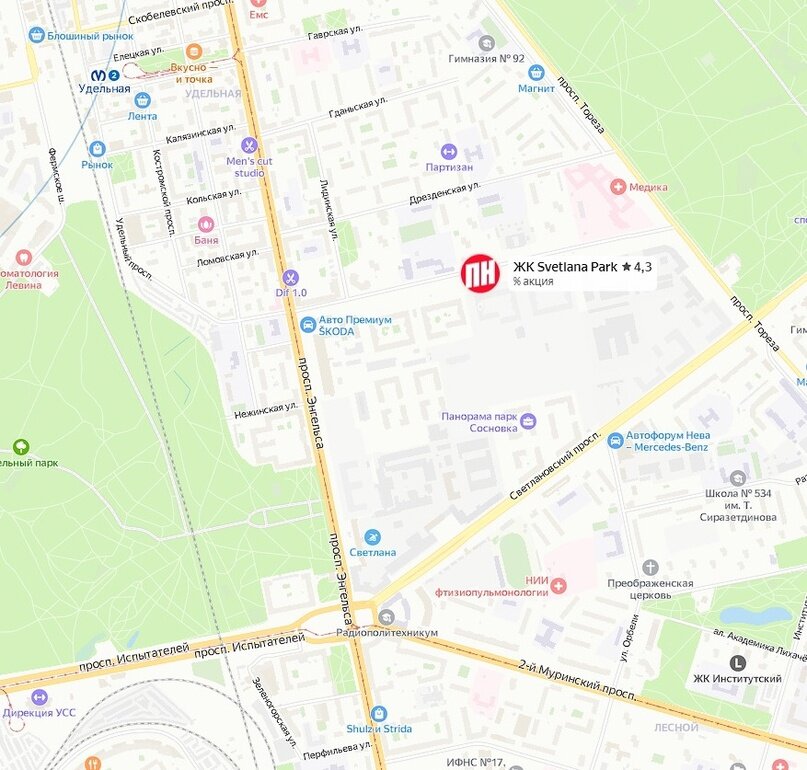 ЖК «Svetlana Park (Светлана Парк)». Расположение на карте.