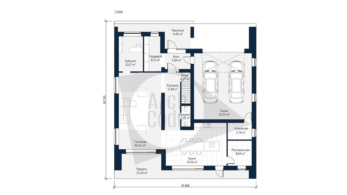 Новый проект дома в стиле хай-тек: первый этаж
