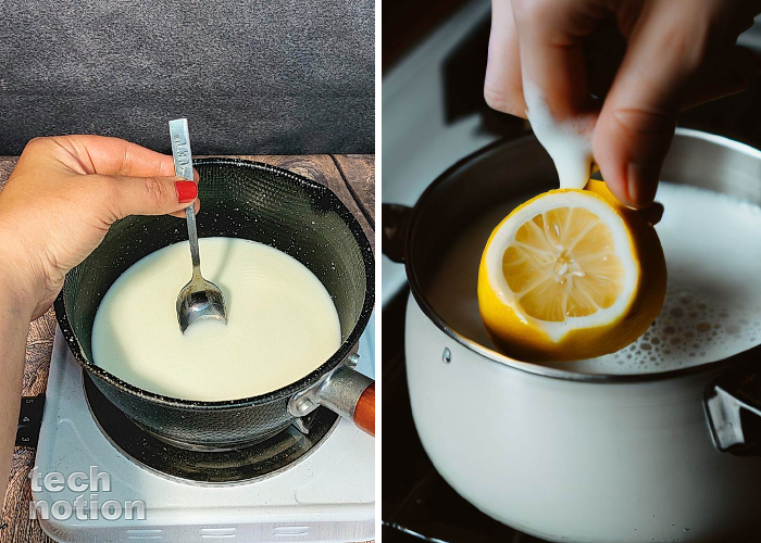 Выжимаю лимон в кипящее молоко и кладу в кастрюлю с ним ложку / Изображение: дзен-канал technotion