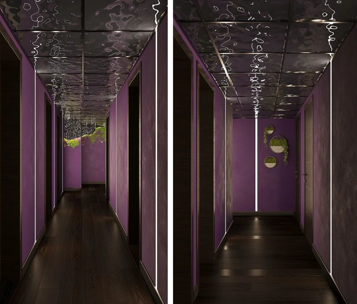 Противоположная стена коридора оформлена подвесными круглыми вазами с галькой и тропической зеленью 