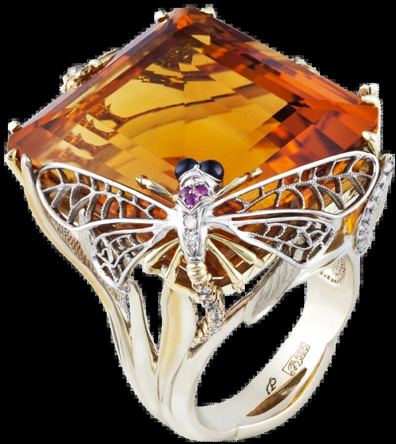 Кольцо "Солнечное", золото 585 пробы, цитрин, бриллианты, сапфиры, RODIS