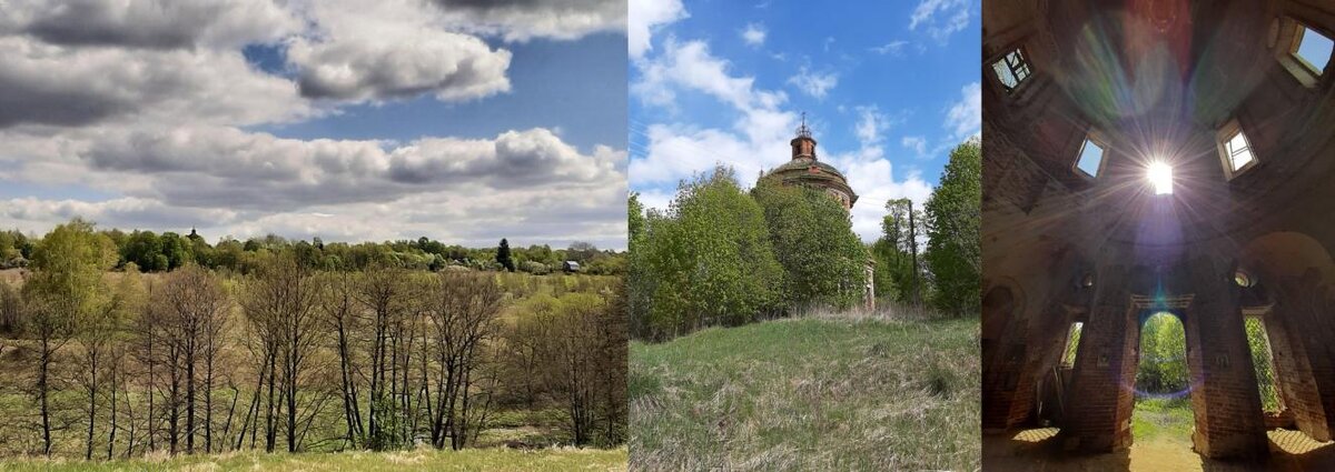 1. Тропинка от Апрани к храму в Горки (Заразы). 2. У подножия храма.
3. Солнечный свет внутри храма.

