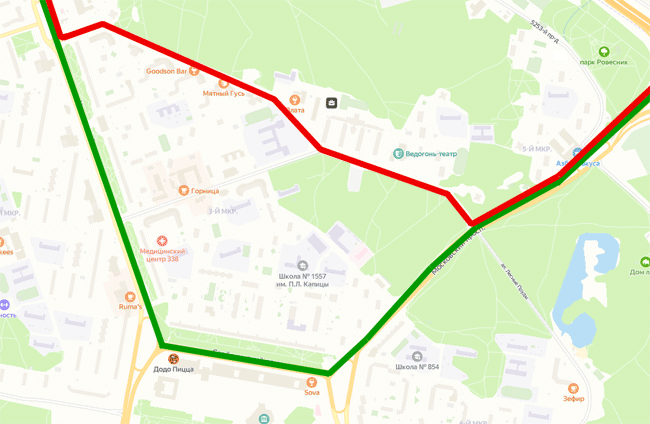 Красным — действующий маршрут. Зеленым — будущий