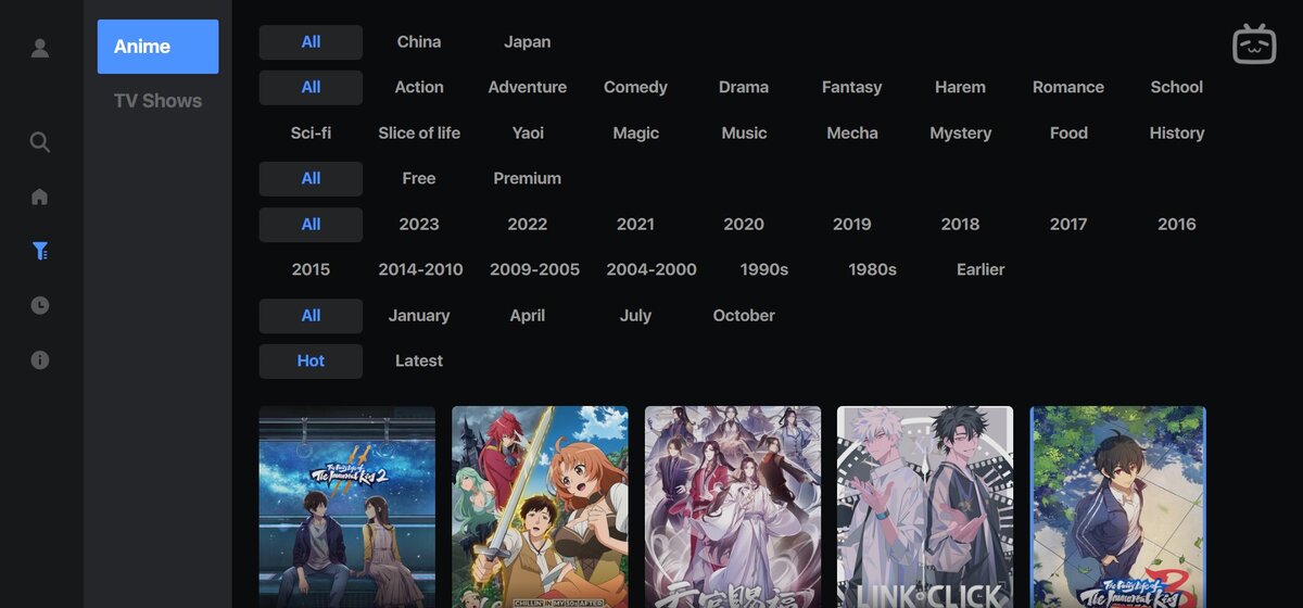 Интерфейс сайта на телевизоре / tv.bilibili.tv (выбор жанра аниме)