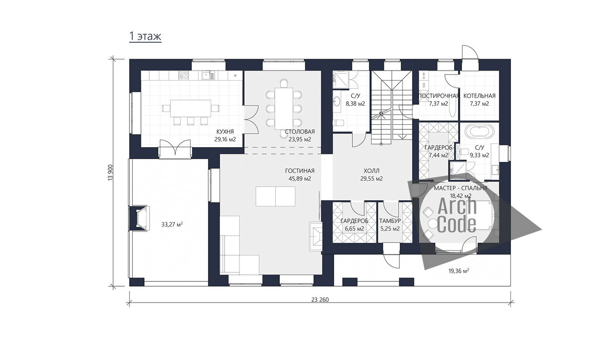Красивый проект загородного дома в стиле Райта. План первого и антресольного этажей.
