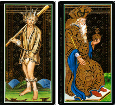 Таро Висконти-Сфорца. Слева - Шут. Справа - Император.