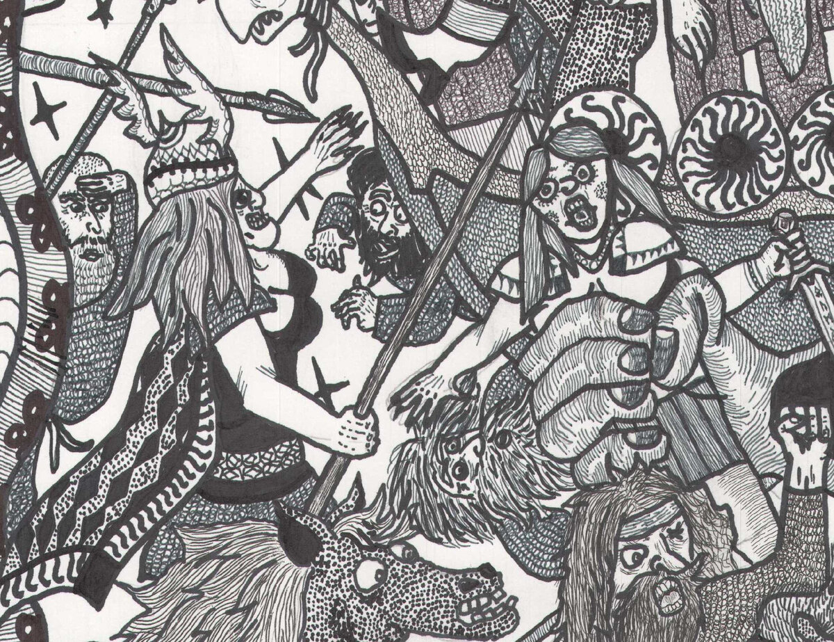 То самое копьё в те самые гениталии. Из под Нагльфара (корабль) -виднеется мизогинистично пялящийся и пускающий слюни викинг, который давно не видел статной девичьей красы в своей Вальгалле. По другому викингу Нагльфар вообще проехался.