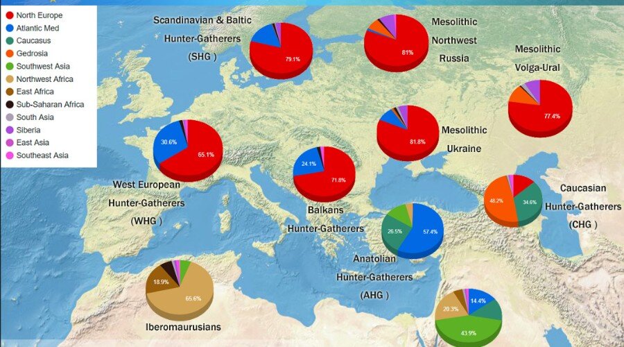 Рис1. Эпипалеолитические и мезолитические охотники-собиратели Европы (из Eupedia)