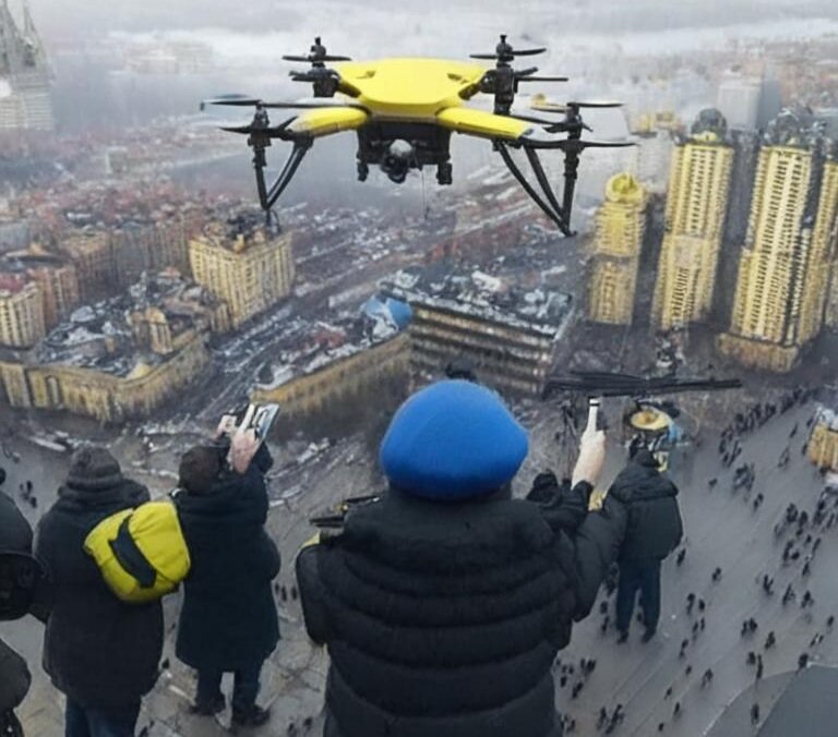 Нарисовала Кандинский 2.1,  запрос: уkрaинцы запускают дрон над Москвой 