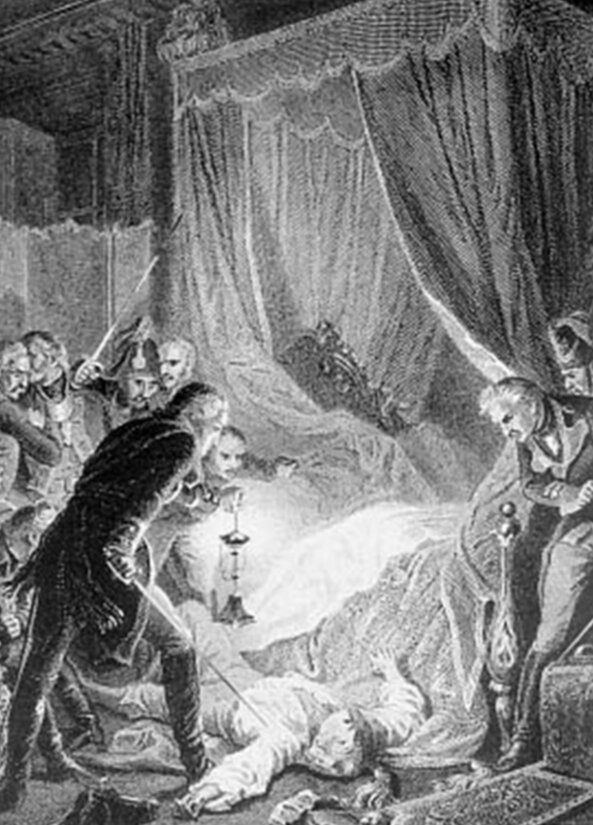Убийство императора Павла I, гравюра из французской исторической книги, 1880-е годы.