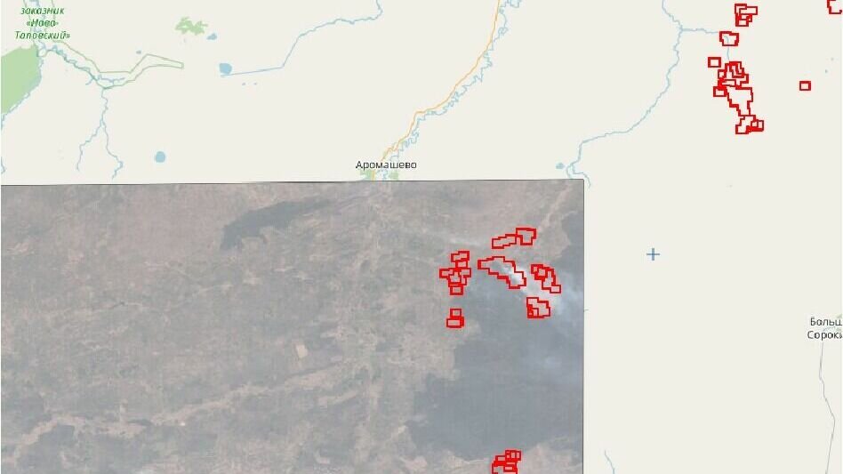     По данным сервиса СКАНЭКС, примерно в 10 километрах от Аромашево зафиксирован лесной пожар. Пламя идёт на восток и пока не угрожает местному населению.