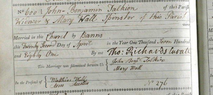 Запись о браке уже Джона Бенджамина в Англии