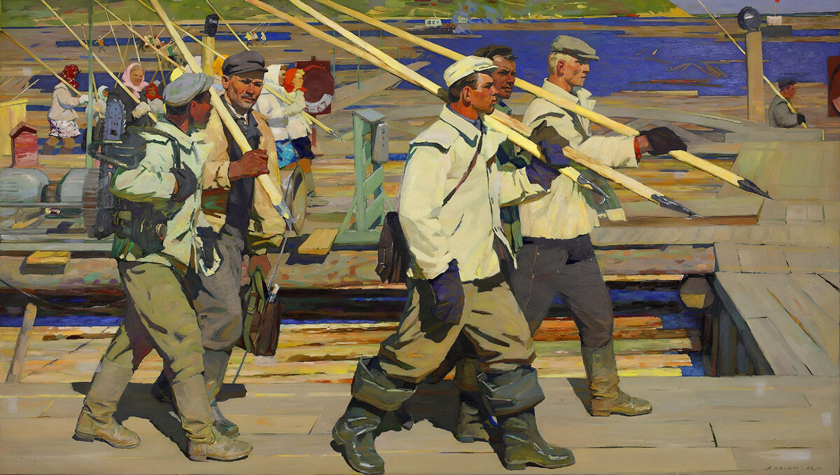 Белых А. П., «На сплавном рейде. Смена идёт», 1965-1967, холст, масло