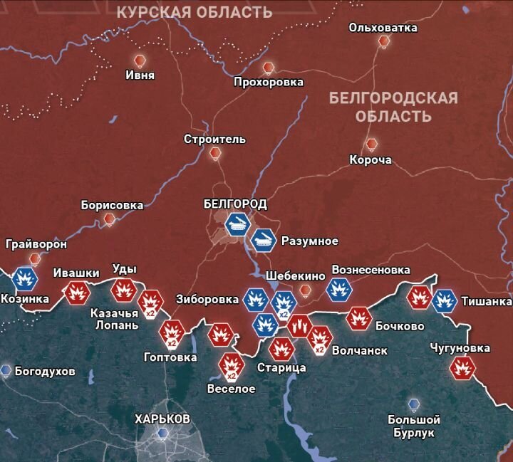 Обстрелы территории Белгородской области 1-4 июня 2023 года. Источник: t.me/rybar.