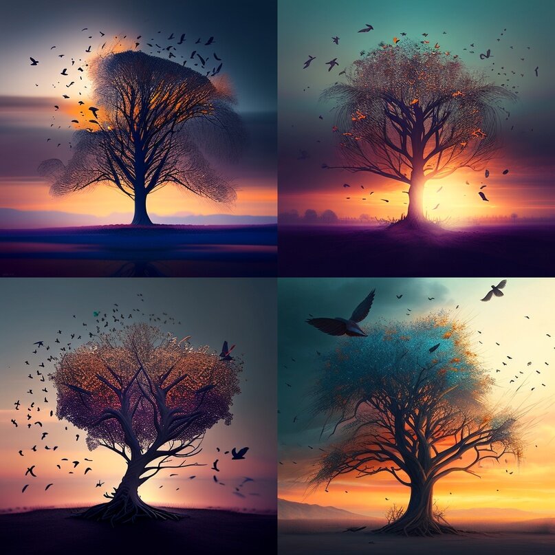 beautiful surreal tree, birds flying, dawn -s 100