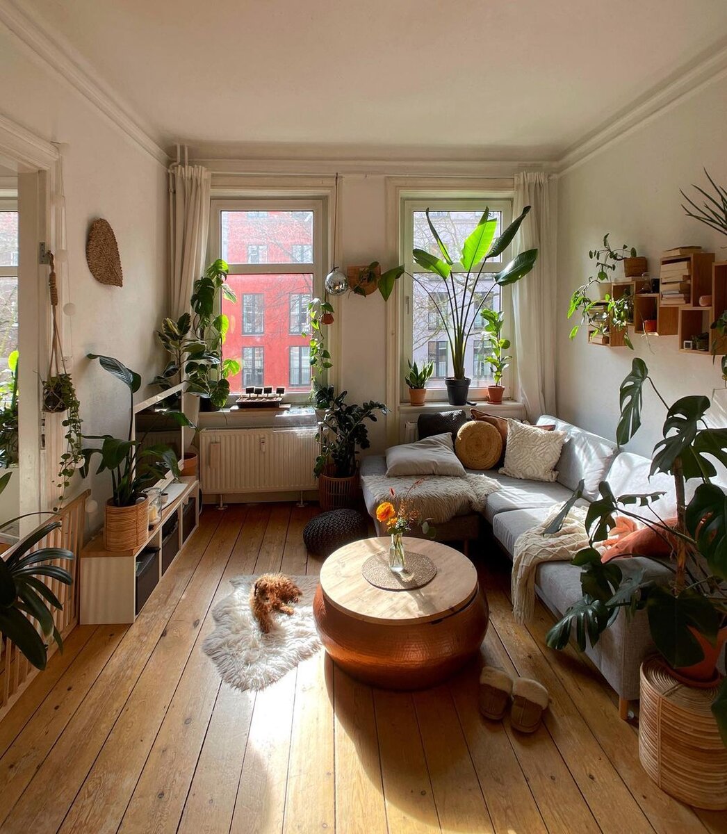 Начнем с гостиной. У меня этот интерьер прочно ассоциируется с какими-нибудь 80-ми годами. Долго думала, откуда такая ассоциация. Наверное, все дело в деревянных полах и растениях, которые повсюду