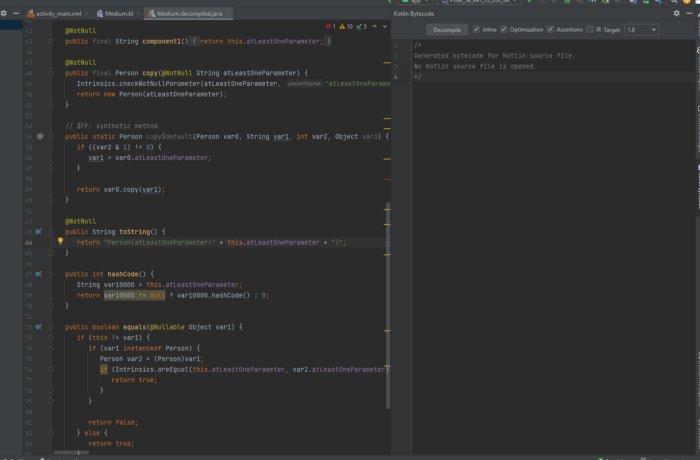 Tools («Инструменты») -> Kotlin -> Show Kotlin Bytecode («Показать байт-код Kotlin») -> Decompile («Декомпилировать»)