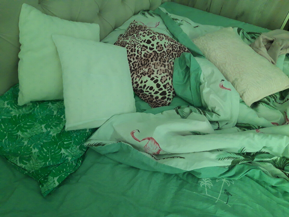 Наволочка зелёная с листьями от другого комплекта. Я вечером нанесла масло на кончики волос, но поняла, что могу не успеть смыть, вдруг вставать часто придётся. Детская наволочка лежала выстиранная, но не глаженная – надела её по-быстрому на основную, потом ещё раз постираю. 