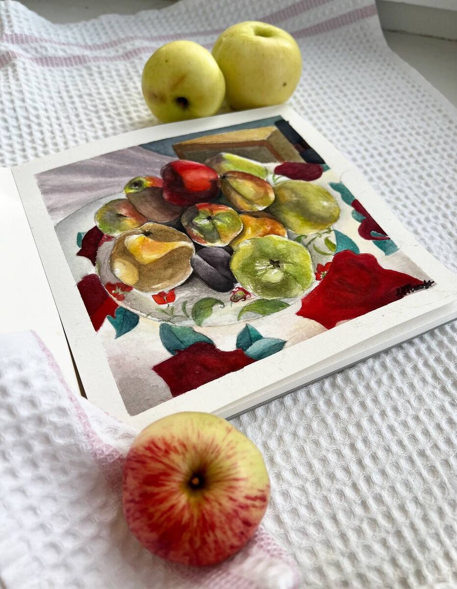 «Бабушкины яблоки» - картина акварелью на заказ
