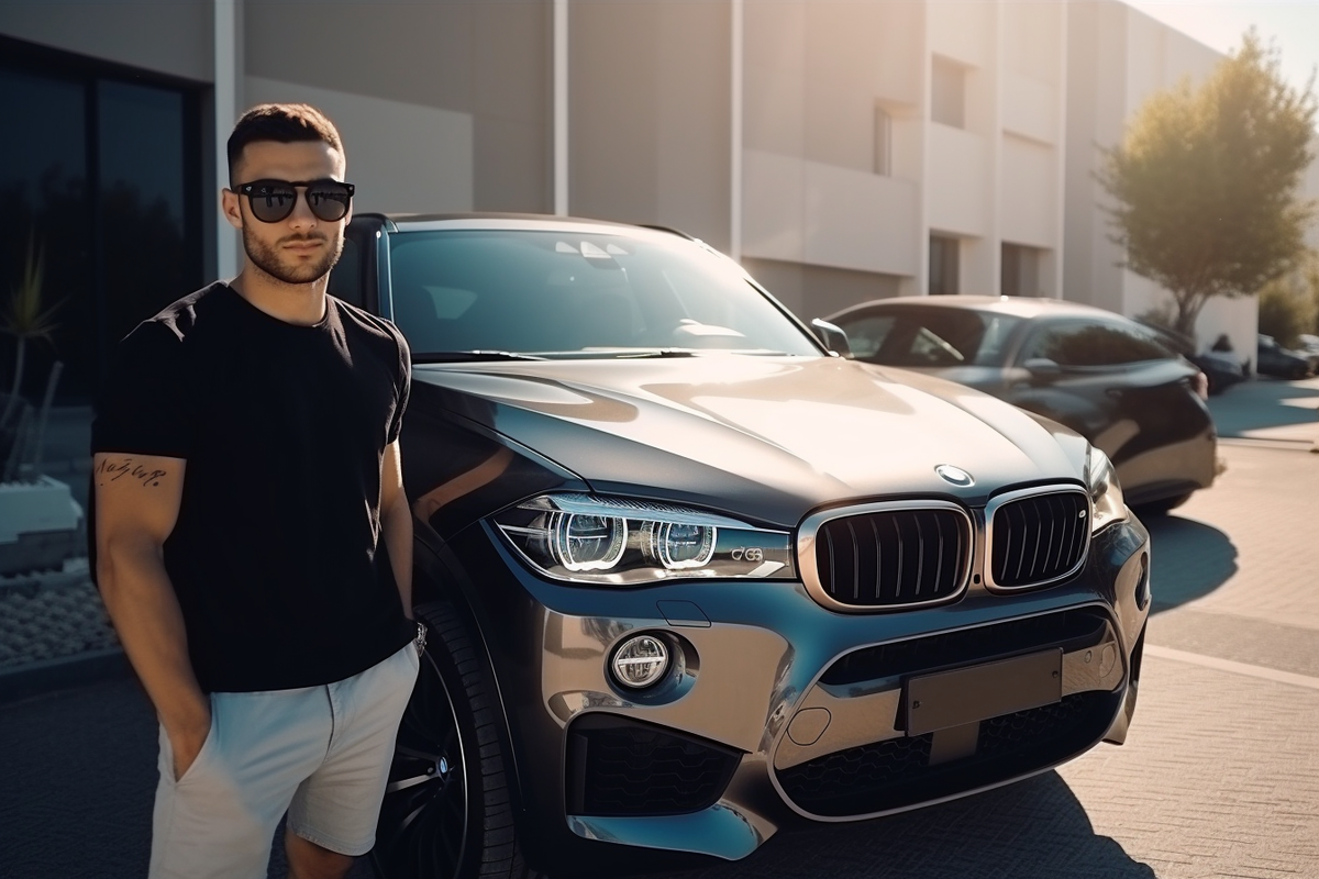 Картинку сгенерировал с помощью нейросети по запросу: «young rich guy gets out of a new BMW X6, summer, sunny weather, cyberpunk style super realistic --ar 3:2 --v 5»