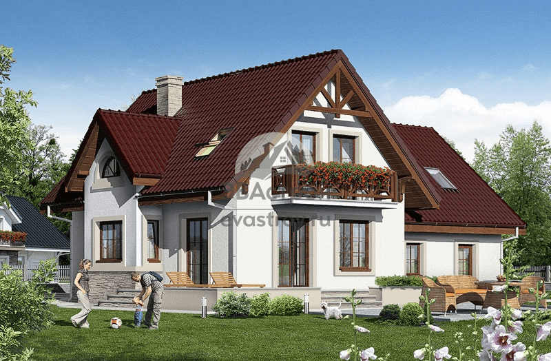 Проект дома 208 м2 с мансардой, двухместным гаражом, балконом и террасой - 104-31