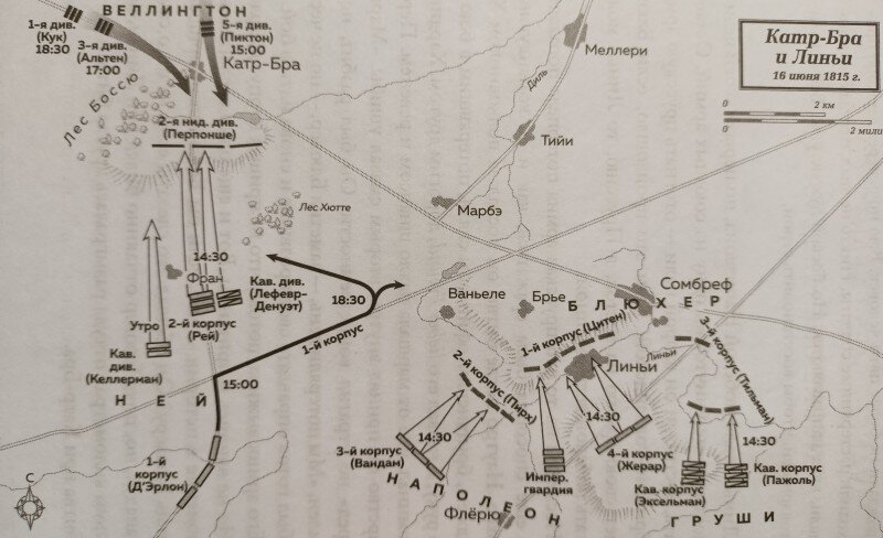 Катр-Бра и Линьи. Карта из книги Бернарда Корнуэлла "Ватерлоо".
