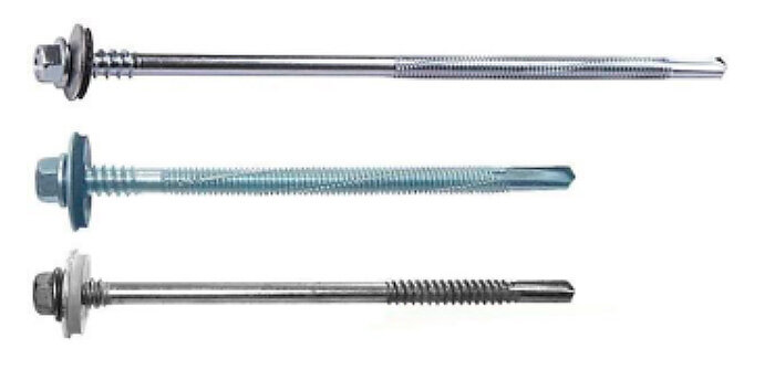 Саморезы для сэндвич-панелей изготавливают из углеродистой стали. Поверхность самopeзов оцинкована или покрыта антикоррозийным покрытием RUSPERT. Головка у сaмopезов шестигранная, под ключ №8. Данные саморезы идут с шайбой EPDM. Данная шайба защищает от влаги и внешней среды и не позволяет проникнуть влажности. На конце самopeза имеется сверло от 12-18 мм.